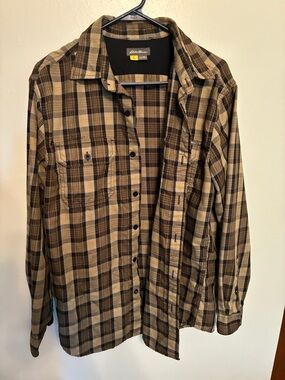 Eddie Bauer Tan and Brown Plaid Flannel Shirt